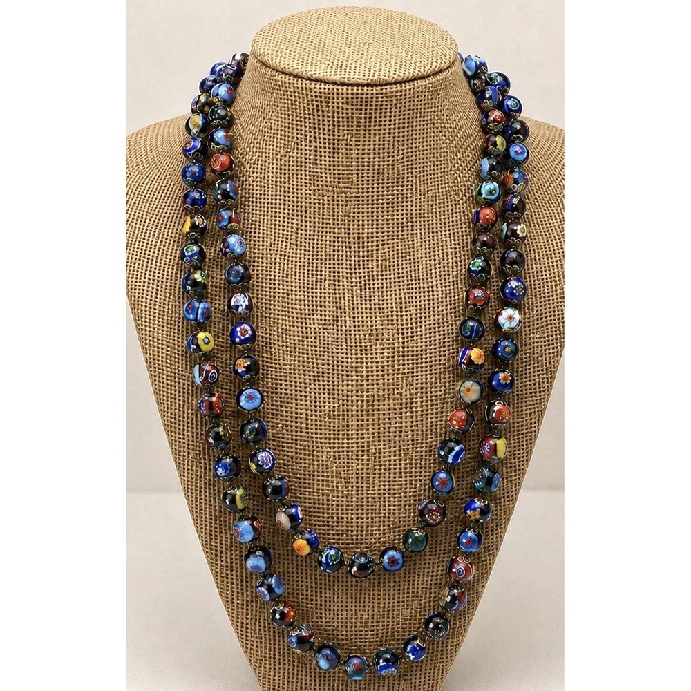 Vintage Murano ? Millefiori Glass Beaded Necklace Italian 42" Long Read